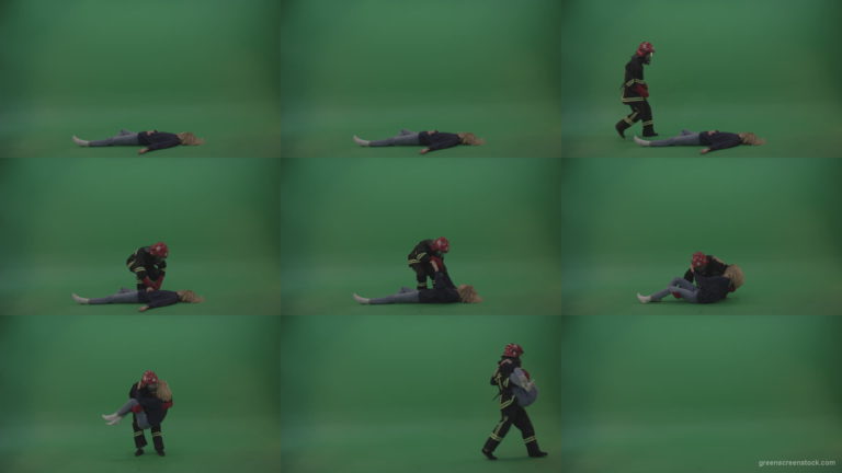 Brave_Fireman_Runs_To_Unconscious_Young_Victim_Girl_Slightly_Wakes_Her_Up_Takes_On_Strong_Hands_And_Carries_Towards_Safety_On_Green_Screen_Wall_Background Green Screen Stock