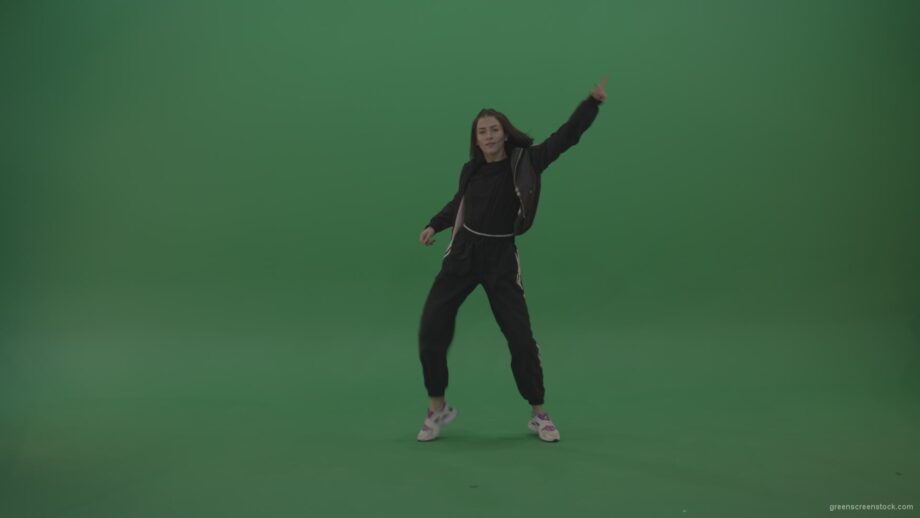 vj video background Incredible_Dance_Hip_Hop_Moves_From_Young_Brunette_Female_Wearing_Black_Sweat_Suite_And_White_Trainers_On_Green_Screen_Wall_Background_003
