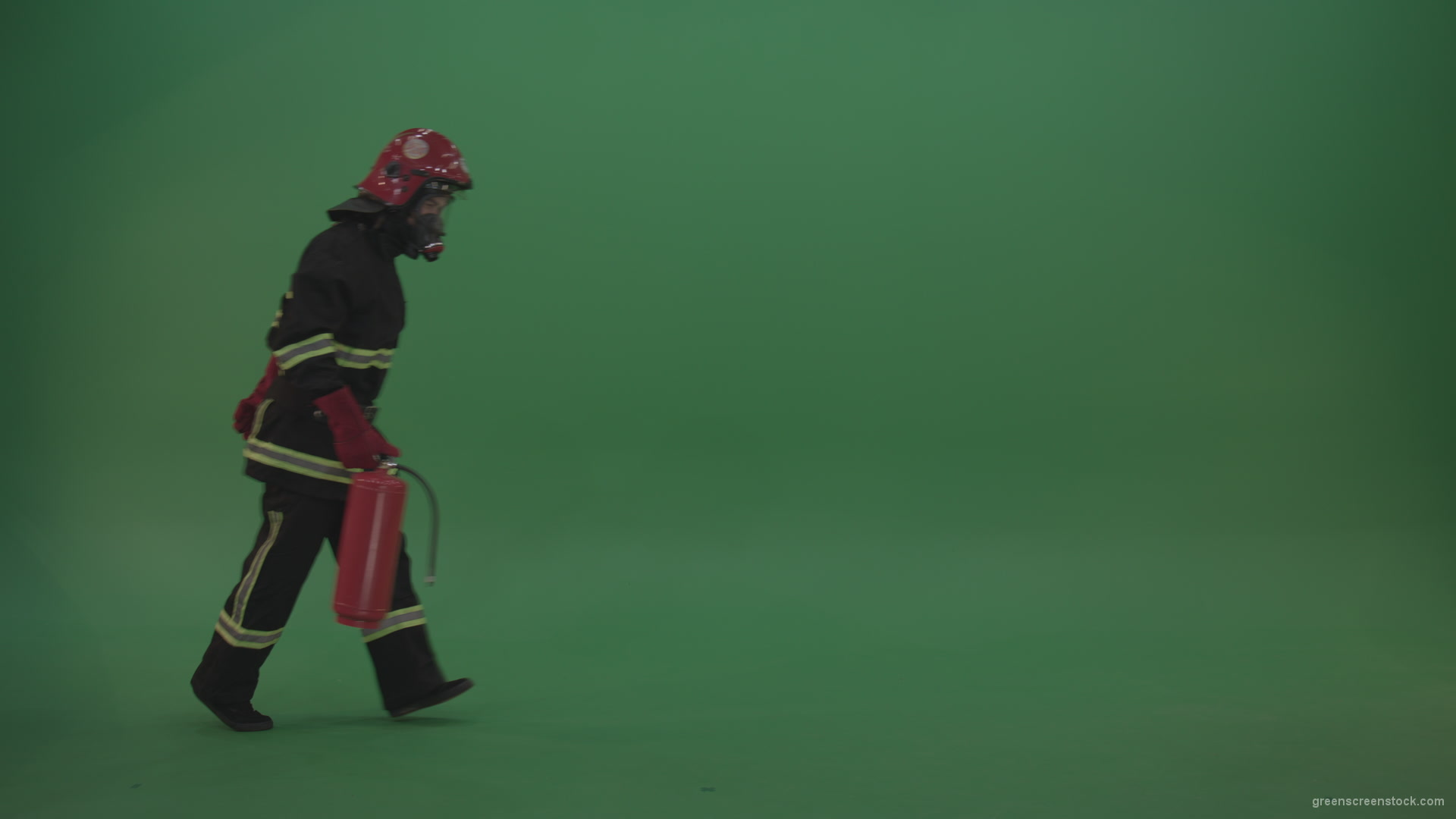 Strong_Firefighter_Keeping_Fire_Extinguisher_And_Wearing_Fireman_Working_Kit_Costume_Running_From_One_Side_To_Another_On_Green_Screen_Wall_Background_005 Green Screen Stock
