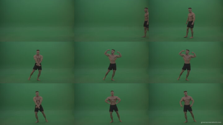 Young_Athletic_Bodybuilder_Demonstrating_Front_Double_Biceps_And_Lateral_Spread_Positions_On_Green_Screen_Wall_Background Green Screen Stock