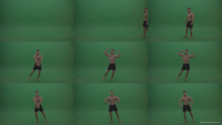 Young_Athletic_Bodybuilder_Demonstrating_Front_Double_Biceps_And_Lateral_Spread_Positions_On_Green_Screen_Wall_Background Green Screen Stock