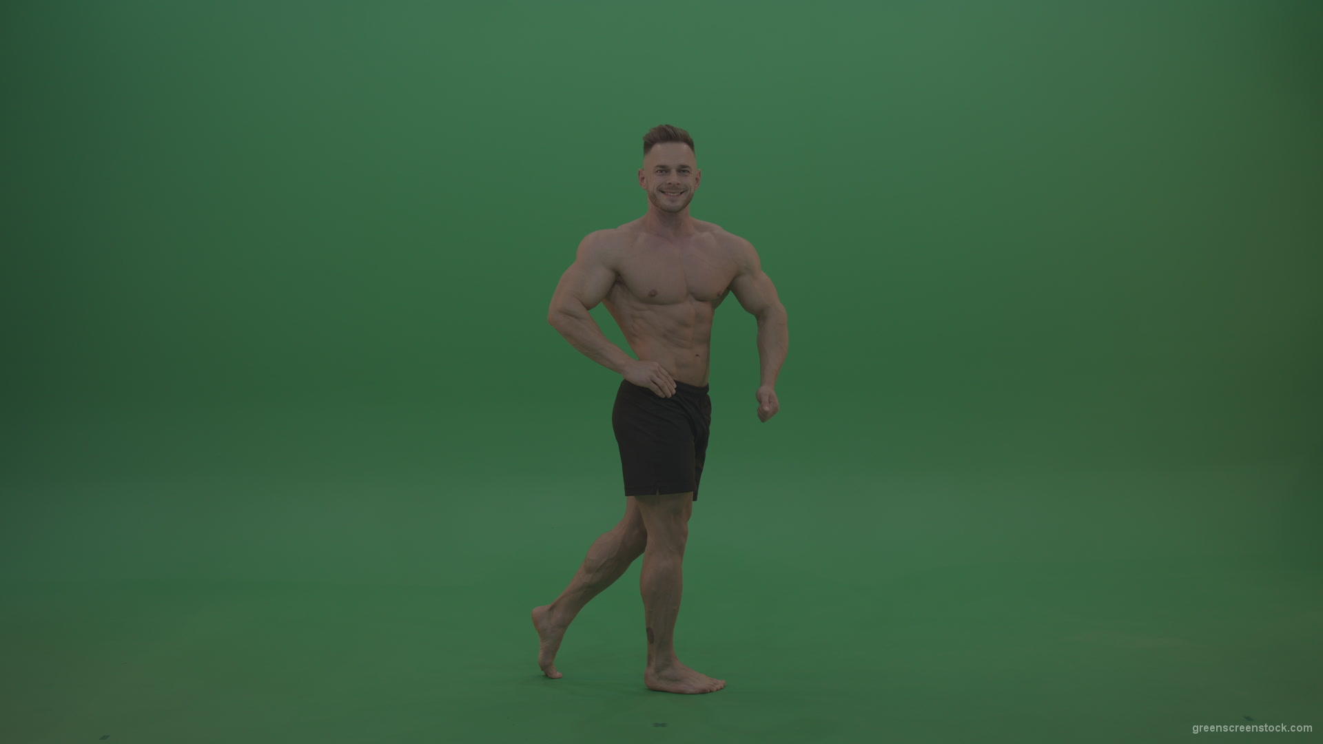 Young_Bodybuilding_Athlete_Showing_Rear_Side_And_Front_Biceps_Poses_Technique_On_Green_Screen_Wall_Background_007 Green Screen Stock