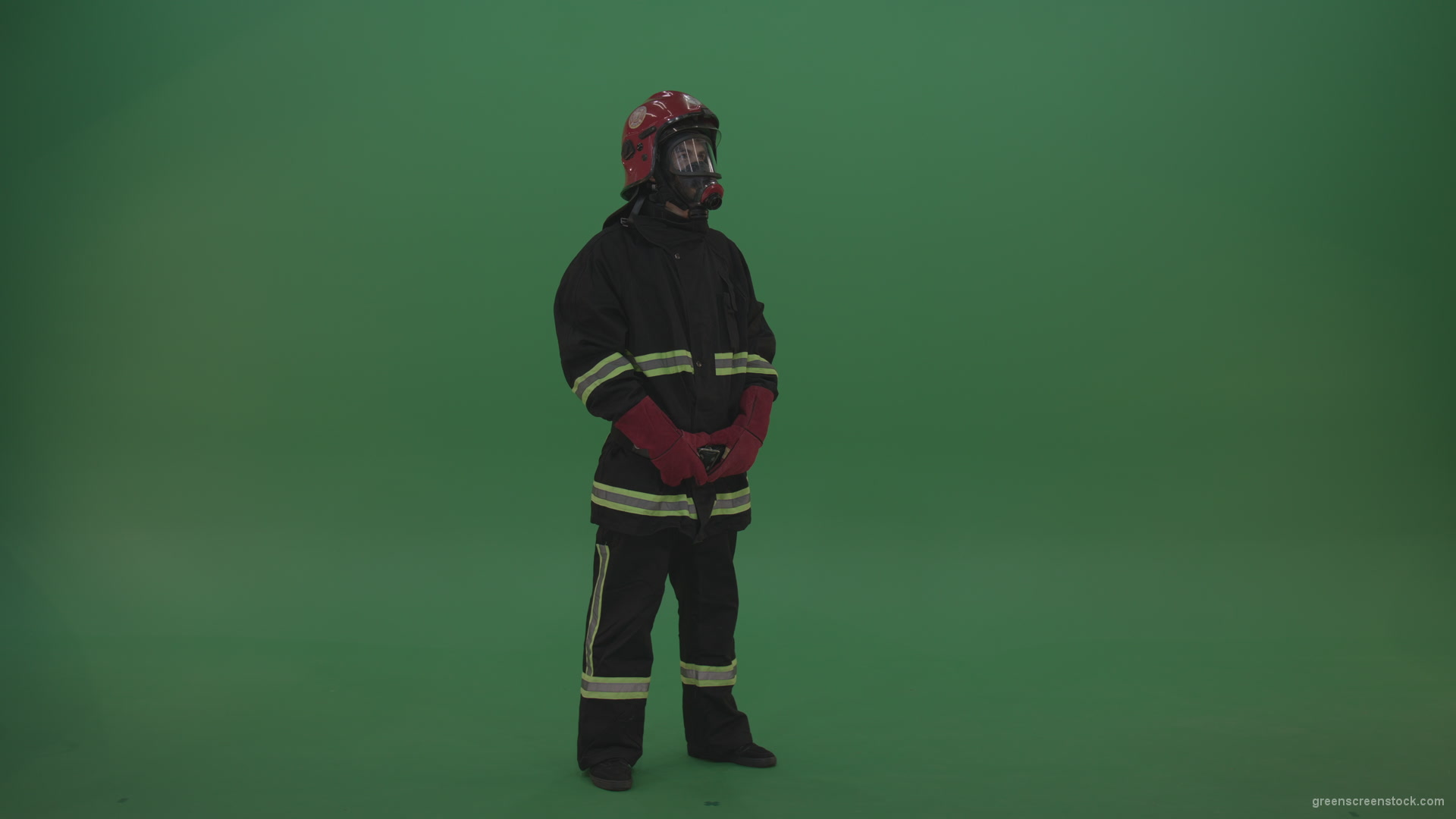 Young_Firefighter_Wearing_Full_FIreman_Working_Kit_Looking_Around_To_Fing_Some_Fire_Arson_Problems_On_Green_Screen_Wall_Background_001 Green Screen Stock