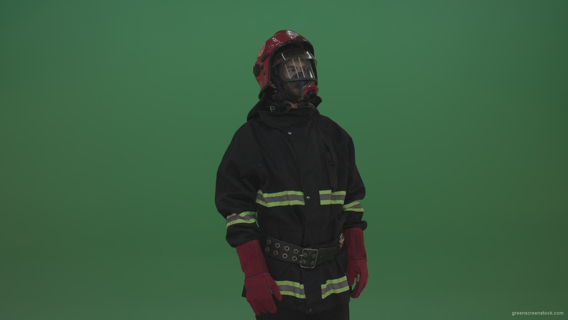 Young_Fireman_Points_Left_And_Right_At_Something_He_Noticed_On_Green_Screen_Chroma_Key_Wall_Background_002 Green Screen Stock