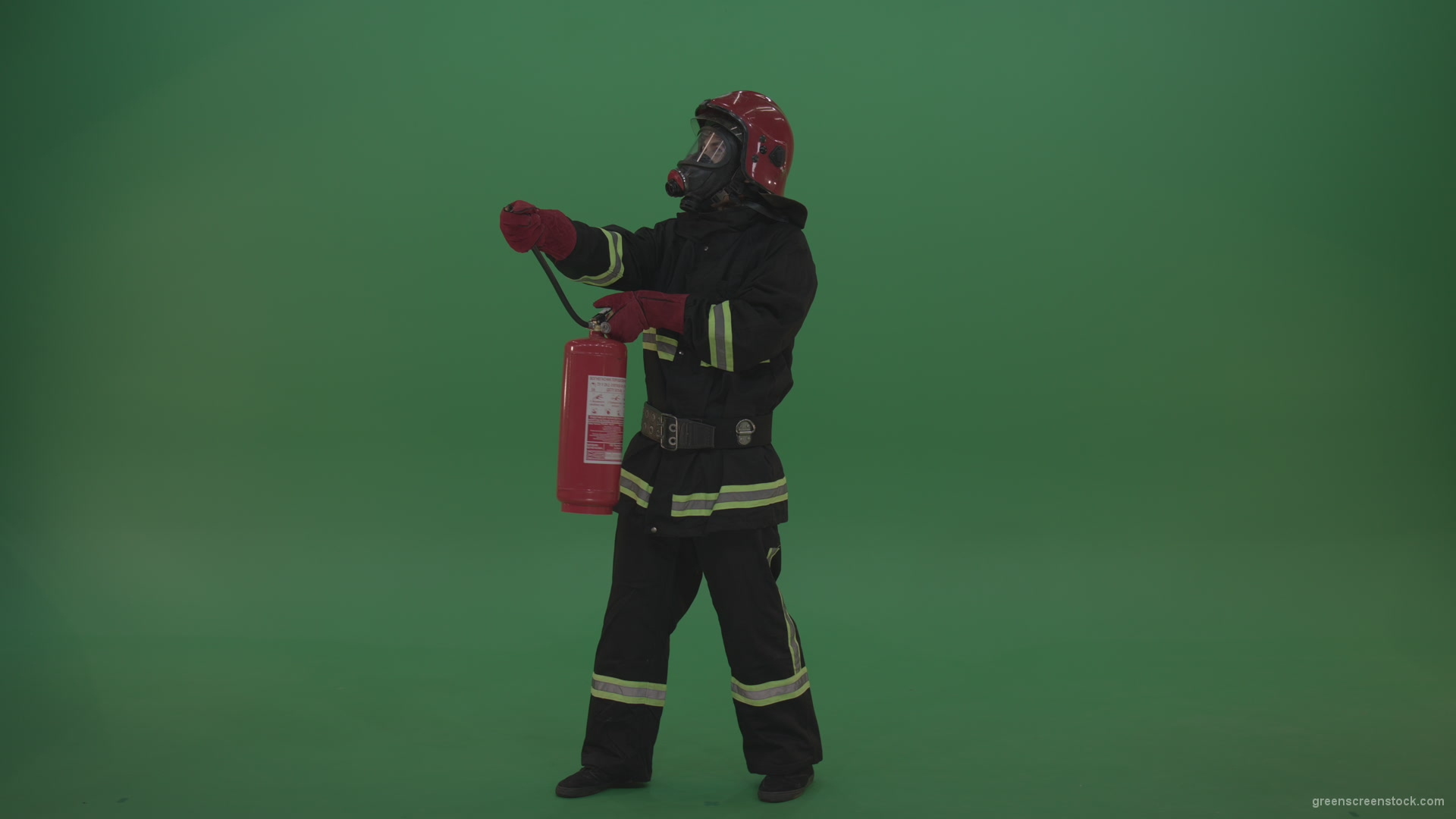 Young_Fireman_Wearing_Full_Working_Kit_Holding_Fire_Extinguisher_Sprays_Around_Fighting_Fire_And_Keeps_On_Running_On_Green_Screen_Chroma_Key_Wall_Background_006 Green Screen Stock