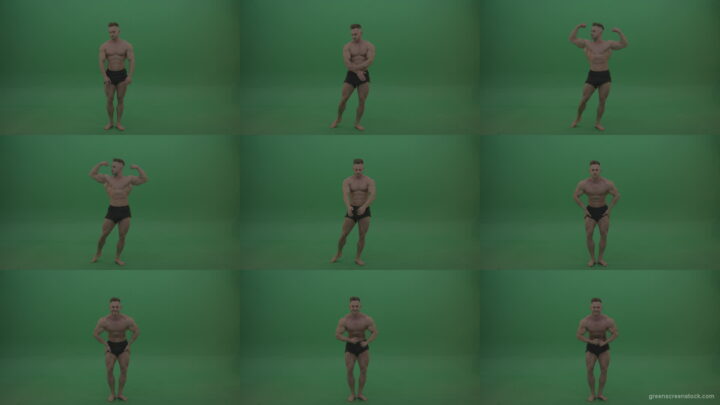 Young_Sportsman_Showing_Front_Double_Biceps_And_Thigh_Muscles_Bodybuilding_Positions_On_Gren_Screen_Wall_Background Green Screen Stock