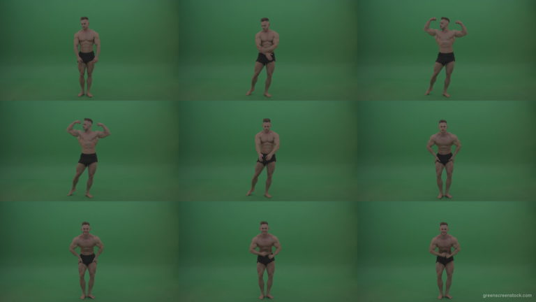 Young_Sportsman_Showing_Front_Double_Biceps_And_Thigh_Muscles_Bodybuilding_Positions_On_Gren_Screen_Wall_Background Green Screen Stock