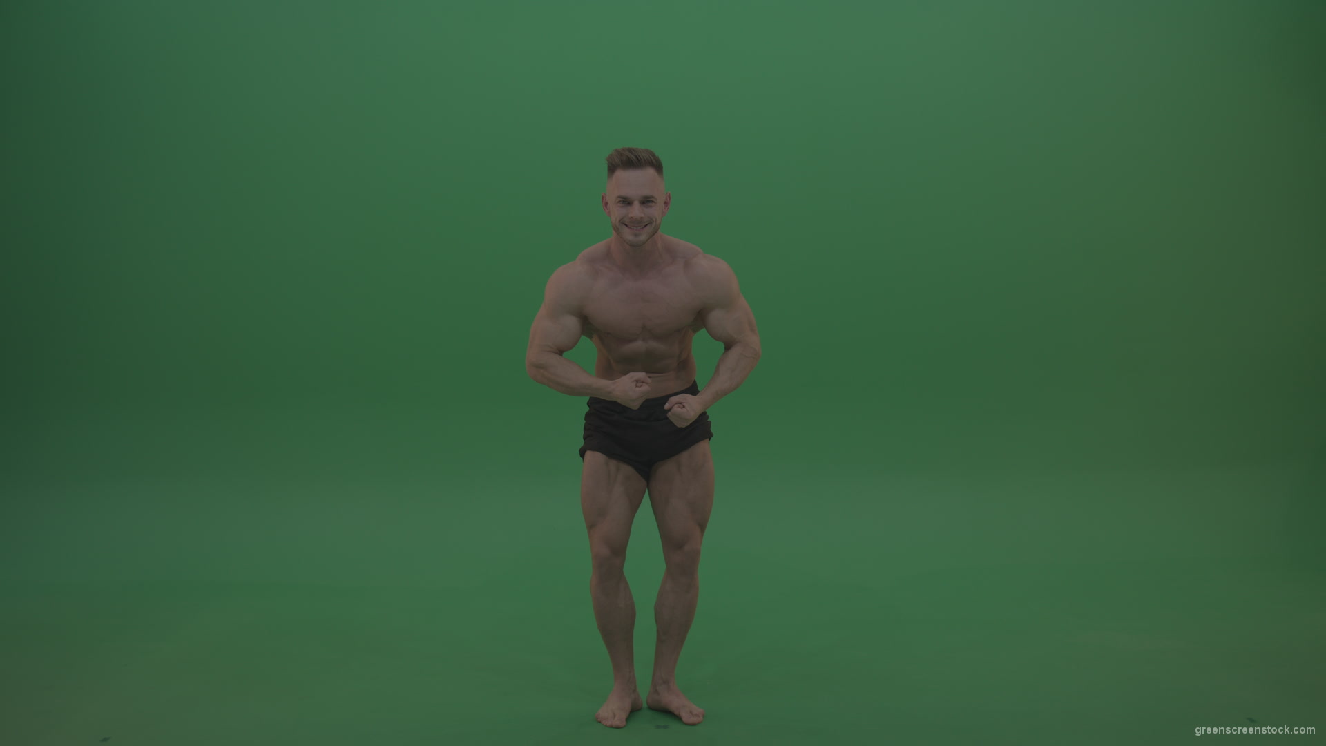 Young_Sportsman_Showing_Front_Double_Biceps_And_Thigh_Muscles_Bodybuilding_Positions_On_Gren_Screen_Wall_Background_008 Green Screen Stock