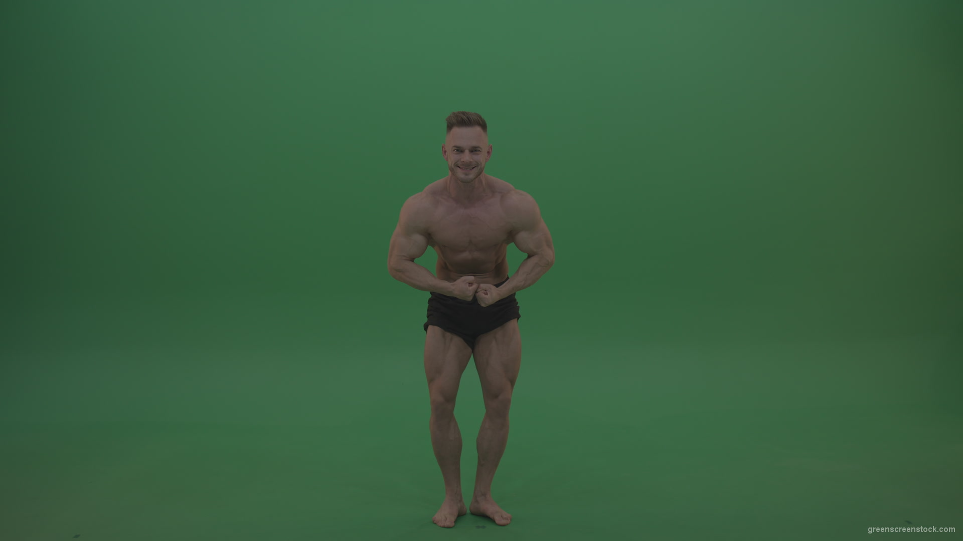Young_Sportsman_Showing_Front_Double_Biceps_And_Thigh_Muscles_Bodybuilding_Positions_On_Gren_Screen_Wall_Background_009 Green Screen Stock