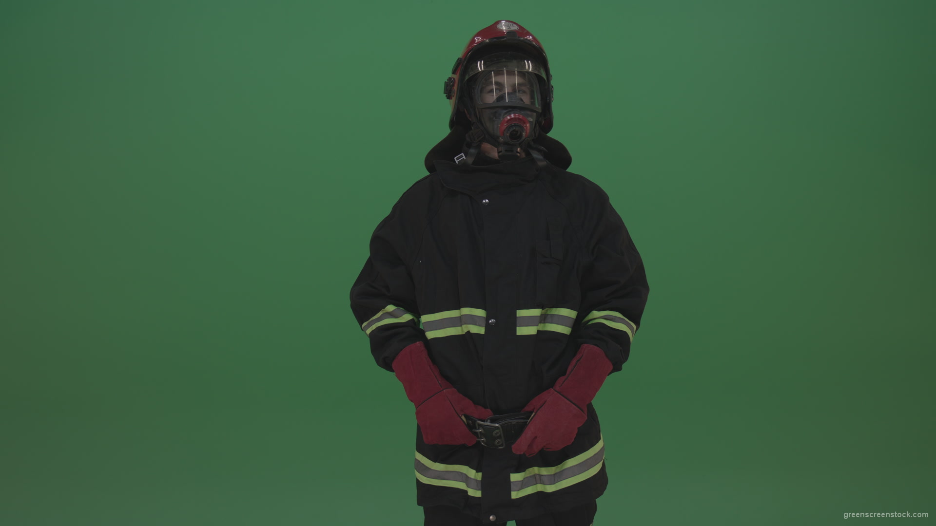 Young_Strong_Fireman_Standing_Still_And_Looking_Around_To_Notice_Any_Problems_On_Green_Screen_Wall_Background_009 Green Screen Stock