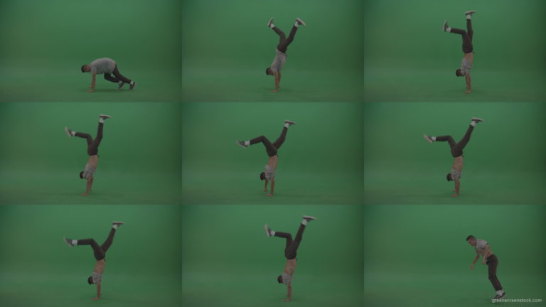 Man-dancing-and-staying-on-hand-on-the-green-floor-green-screen Green Screen Stock
