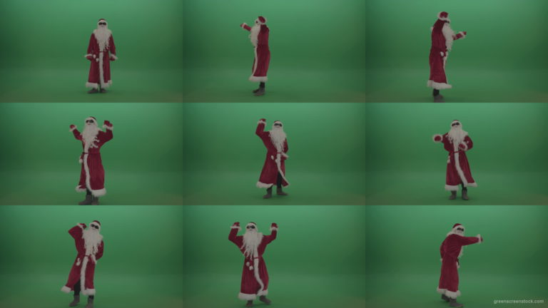 Santa-in-black-glasses-shows-his-dance-skills-over-chromakey-background Green Screen Stock
