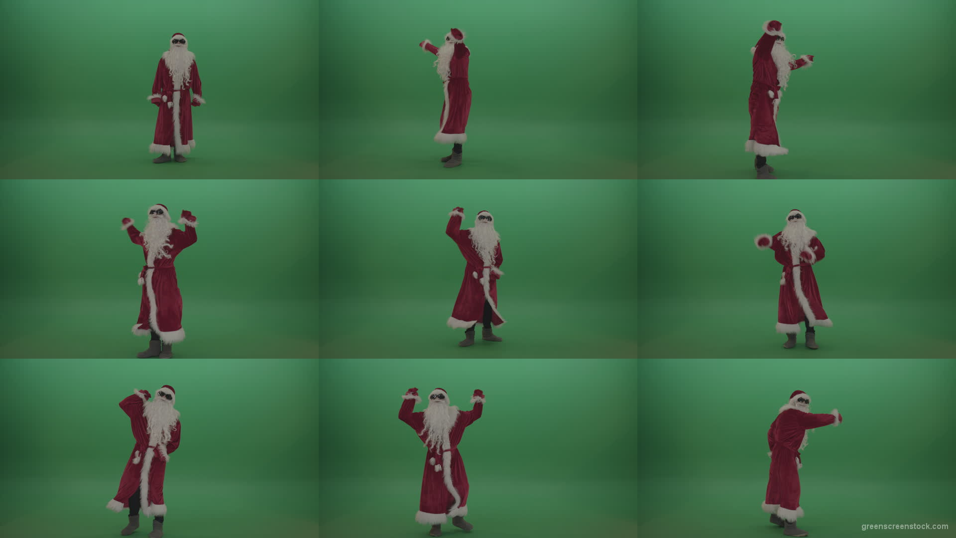 Santa-in-black-glasses-shows-his-dance-skills-over-chromakey-background Green Screen Stock