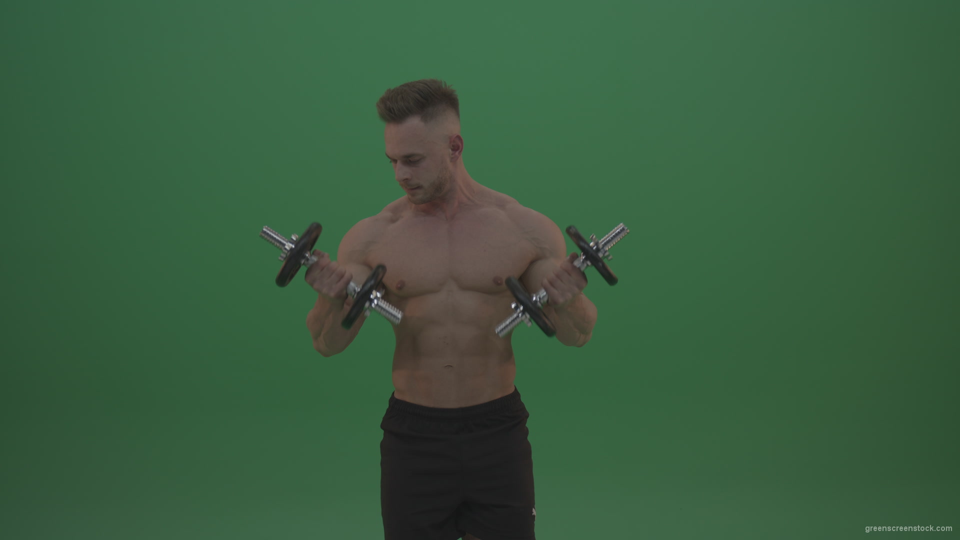 Young_Athlete_Doing_Two_Handed_Dumbbell_Push_Ups_Exercises_Workout_On_Green_Screen_Chroma_Key_Wall_Background_005 Green Screen Stock