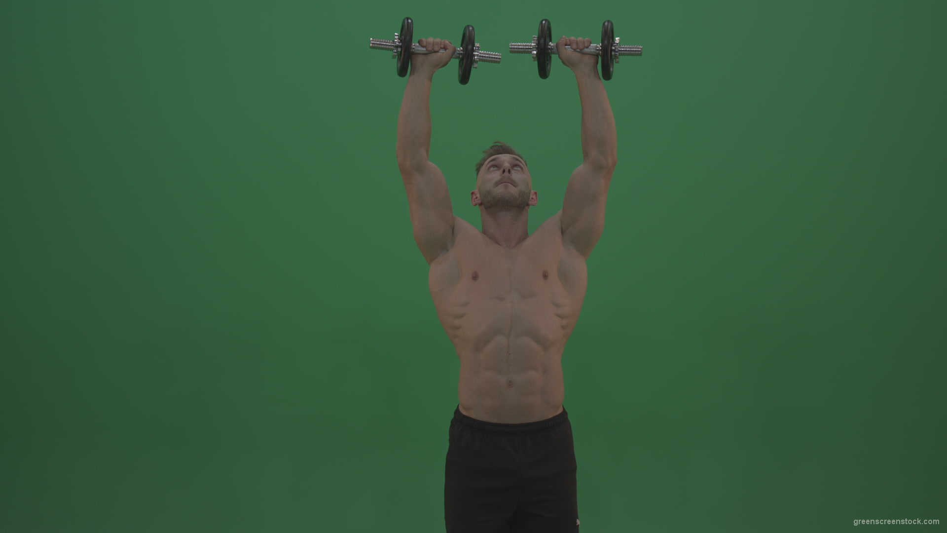 Young_Athlete_Doing_Two_Handed_Excercises_Workout_With_Dumbbells_For_Triceps_And_Pectoral_Muscles_On_Green_Screen_Wall_Background_006 Green Screen Stock