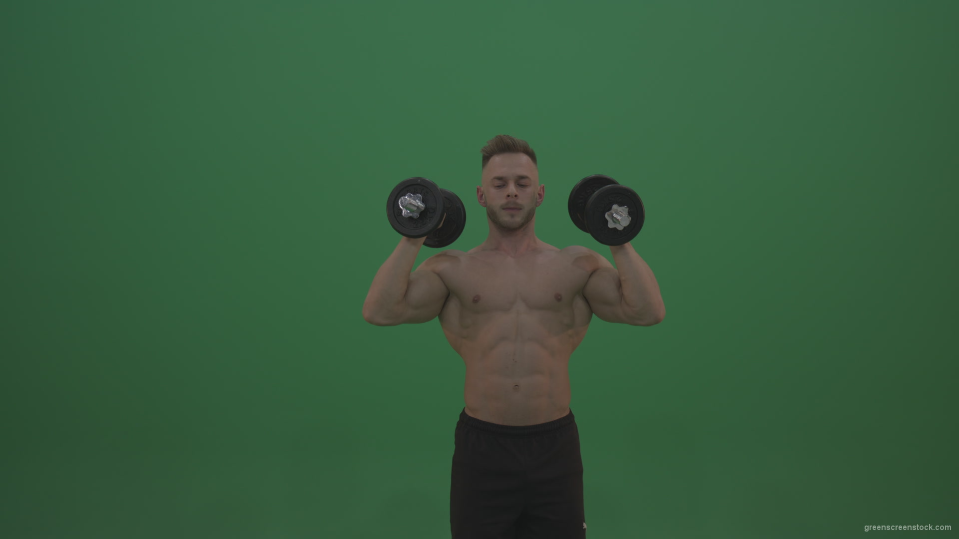 Young_Athlete_Doing_Two_Handed_Excercises_Workout_With_Dumbbells_For_Triceps_And_Pectoral_Muscles_On_Green_Screen_Wall_Background_007 Green Screen Stock