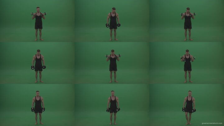 Young_Bodybuilder_Doing_Dumbbell_Push_Ups_With_Two_Hands_On_Green_Screen_Chroma_Key_Wall_Background Green Screen Stock
