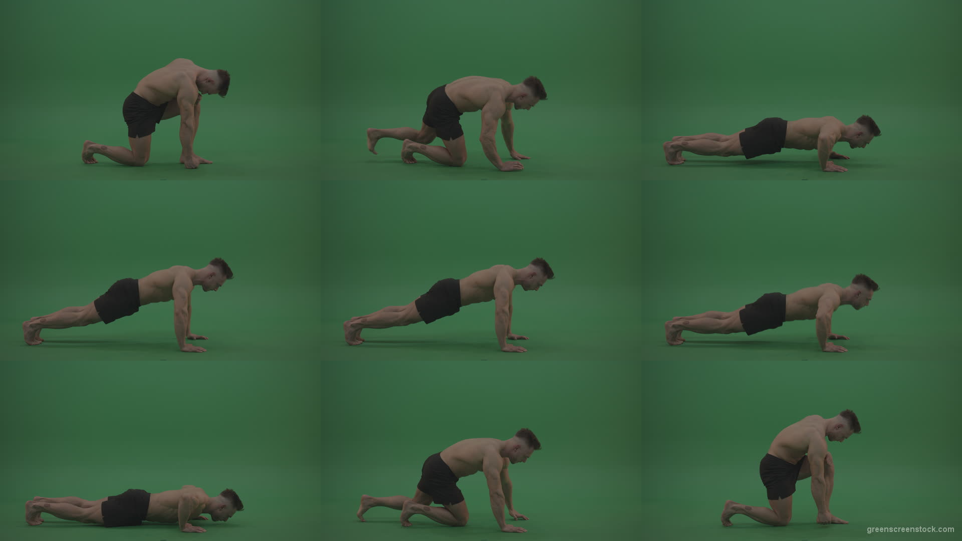 Young_Bodybuilder_Starts_Working_Out_From_Crouching_Terminator_Position_Does_Pull_Ups_Turns_Back_To_The_Start_Position_On_Green_Screen_Wall_Background Green Screen Stock