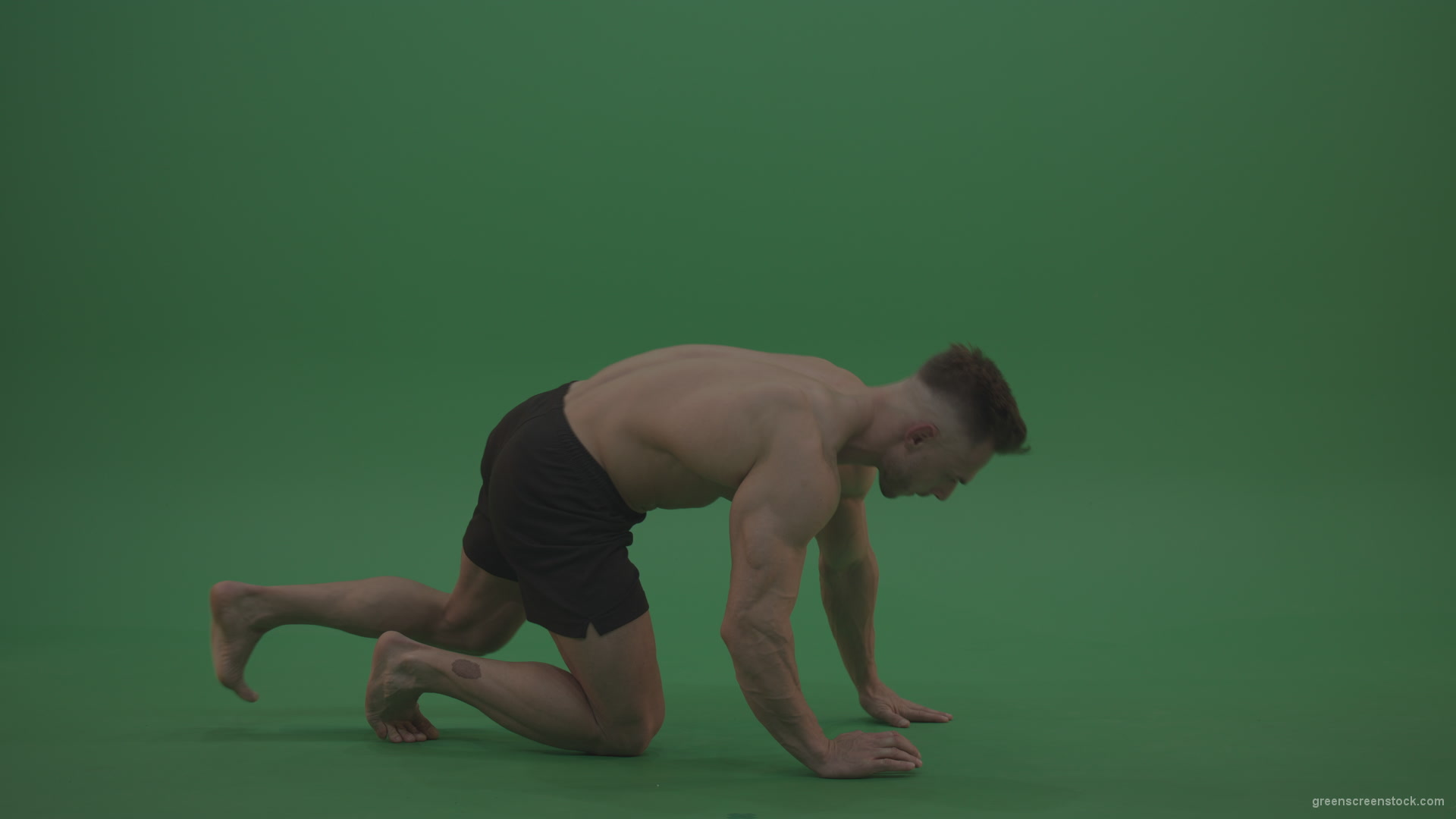 Young_Bodybuilder_Starts_Working_Out_From_Crouching_Terminator_Position_Does_Pull_Ups_Turns_Back_To_The_Start_Position_On_Green_Screen_Wall_Background_002 Green Screen Stock