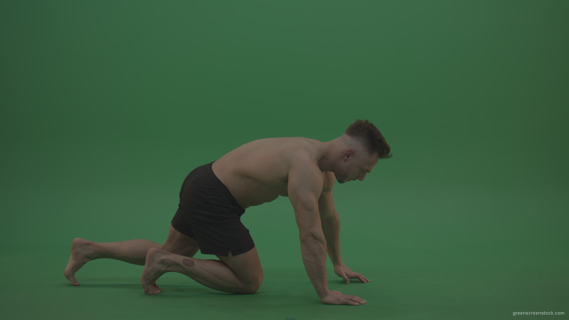 Young_Bodybuilder_Starts_Working_Out_From_Crouching_Terminator_Position_Does_Pull_Ups_Turns_Back_To_The_Start_Position_On_Green_Screen_Wall_Background_008 Green Screen Stock