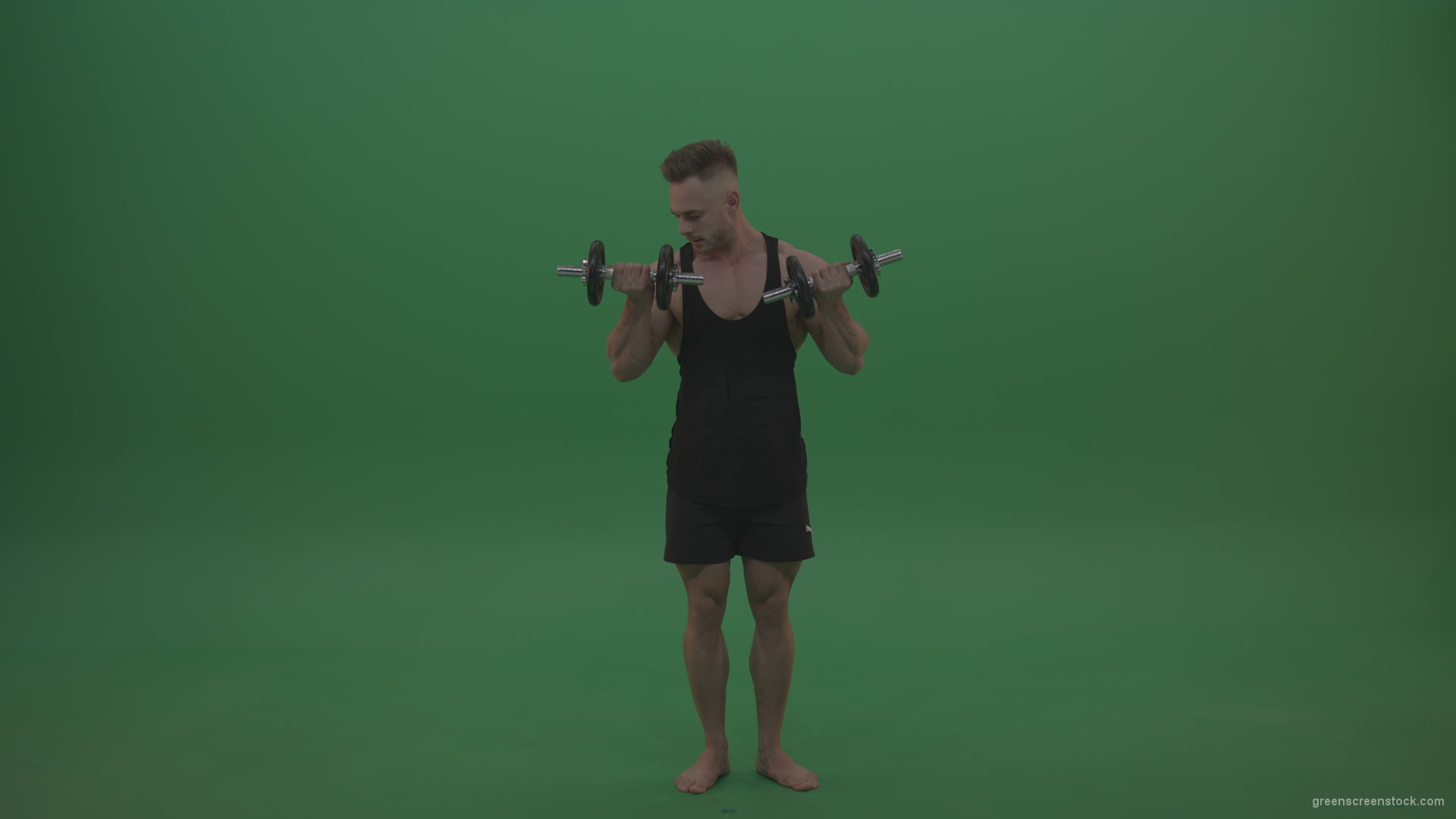Young_Bodybuilder_Wearing_Black_Sport_Clothes_Doing_Slow_Dumbbell_Push_Ups_On_Green_Screen_Chroma_Key_Wall_Background_005 Green Screen Stock