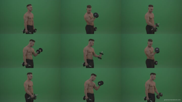 Young_Bodybuilder_Working_Out_Two_Handed_Dumbbell_Push_Ups_Excercise_On_Green_Screen_Wall_Background Green Screen Stock