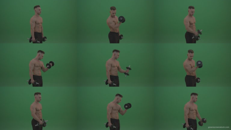 Young_Bodybuilder_Working_Out_Two_Handed_Dumbbell_Push_Ups_Excercise_On_Green_Screen_Wall_Background Green Screen Stock