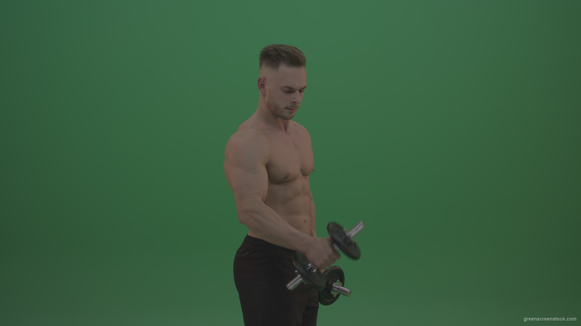 vj video background Young_Bodybuilder_Working_Out_Two_Handed_Dumbbell_Push_Ups_Excercise_On_Green_Screen_Wall_Background_003