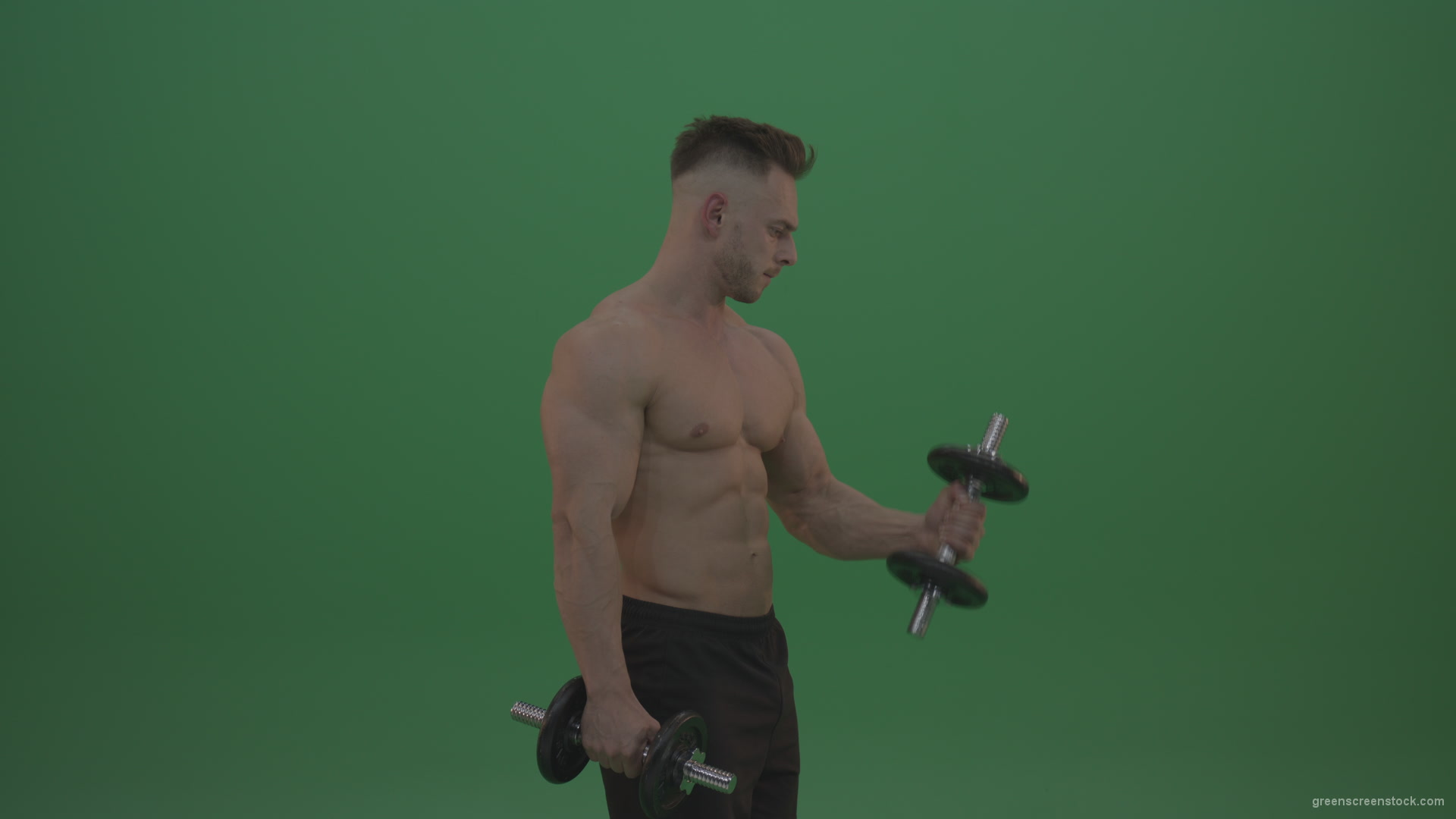 Young_Bodybuilder_Working_Out_Two_Handed_Dumbbell_Push_Ups_Excercise_On_Green_Screen_Wall_Background_005 Green Screen Stock