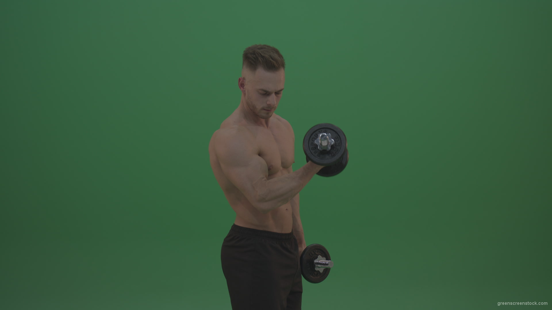Young_Bodybuilder_Working_Out_Two_Handed_Dumbbell_Push_Ups_Excercise_On_Green_Screen_Wall_Background_006 Green Screen Stock