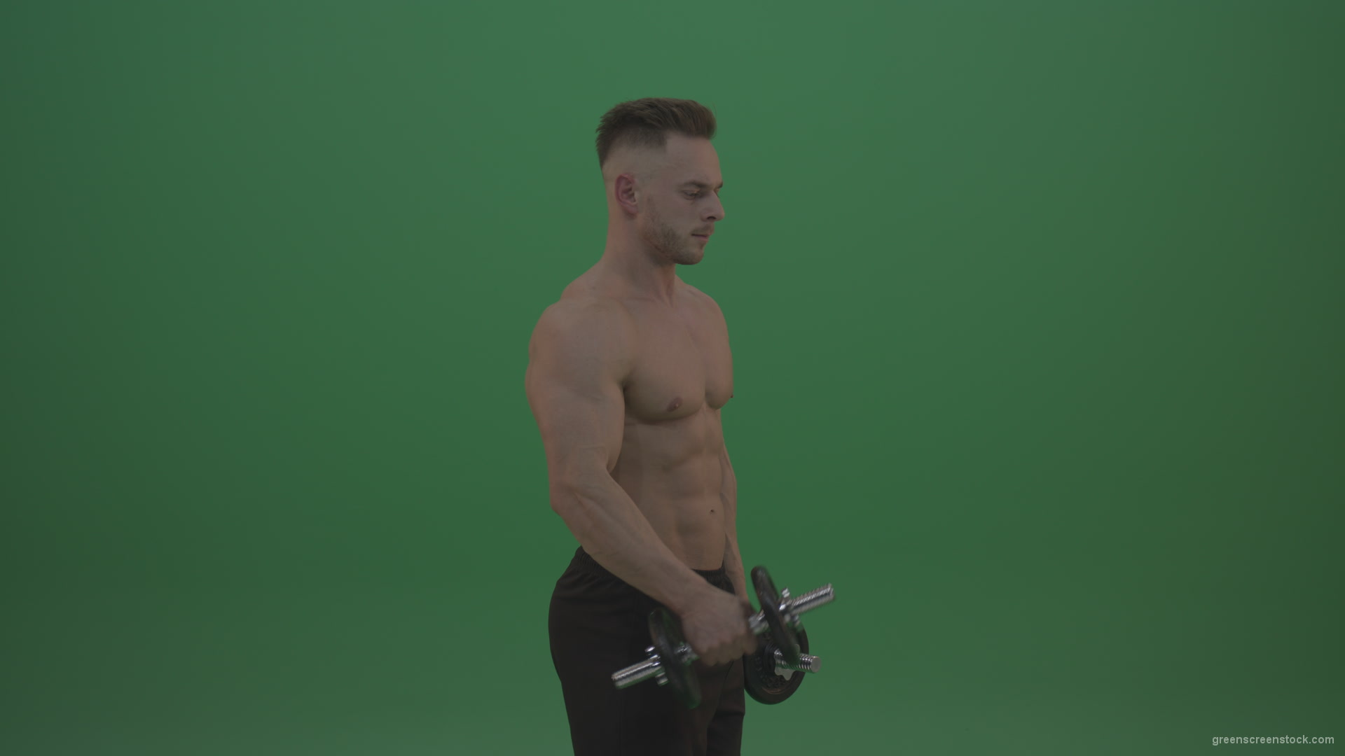 Young_Bodybuilder_Working_Out_Two_Handed_Dumbbell_Push_Ups_Excercise_On_Green_Screen_Wall_Background_007 Green Screen Stock