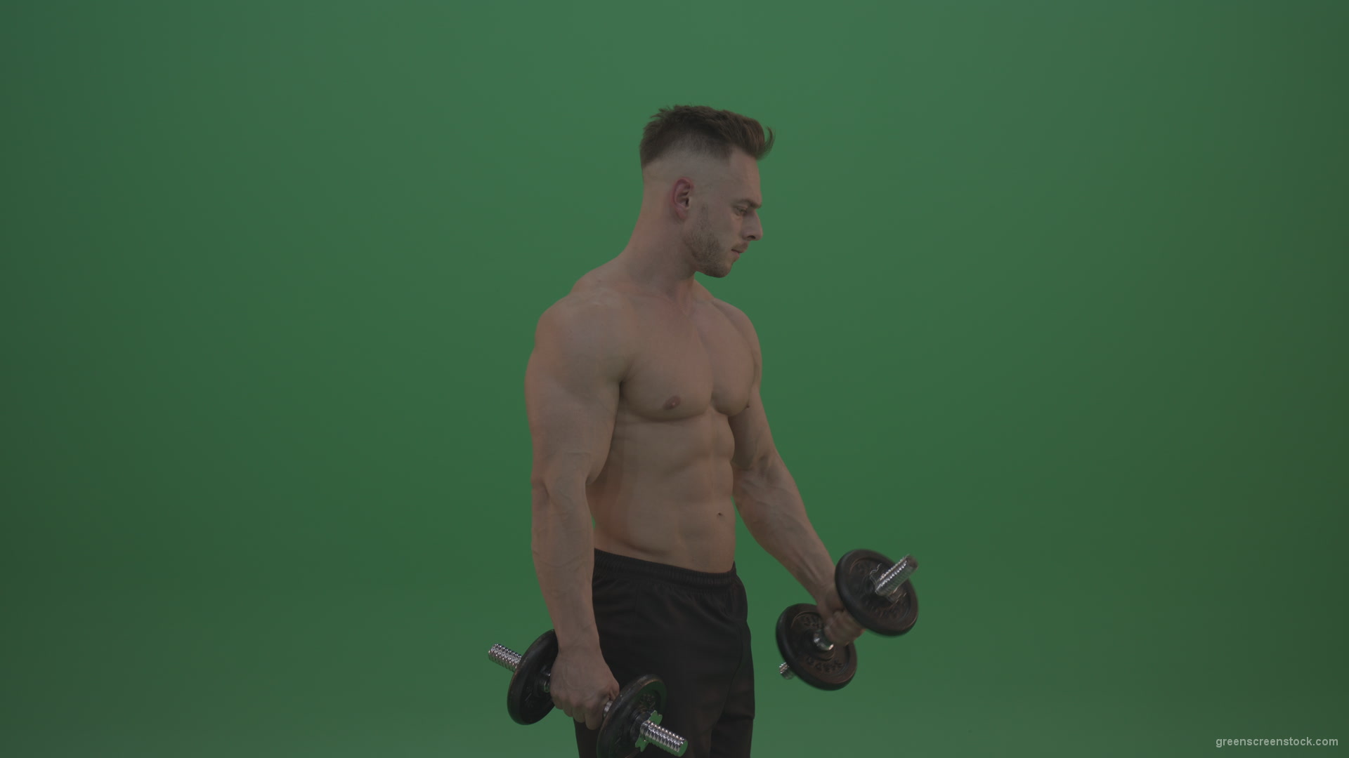 Young_Bodybuilder_Working_Out_Two_Handed_Dumbbell_Push_Ups_Excercise_On_Green_Screen_Wall_Background_009 Green Screen Stock