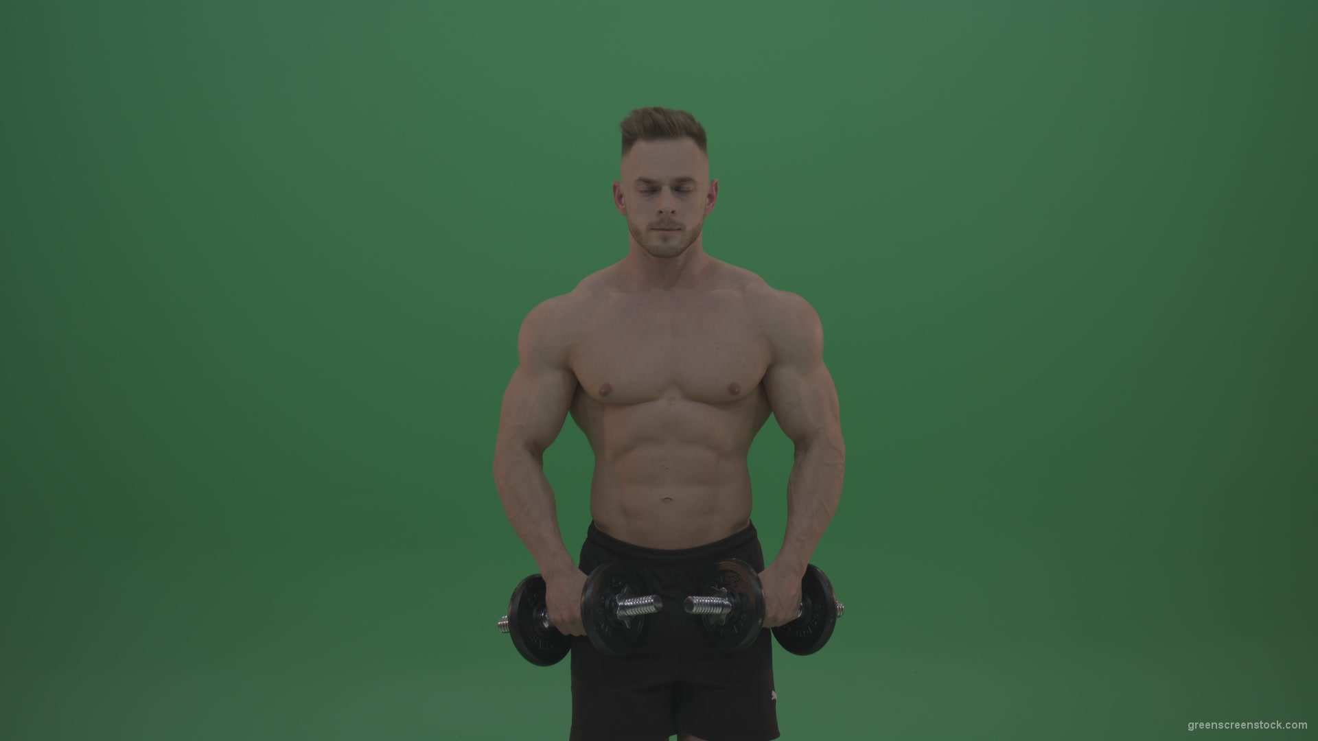 Young_Bodybuilder_Working_Out_With_Two_Handed_Dumbbell_Biceps_Exercises_On_Green_Screen_Wall_Background_001 Green Screen Stock