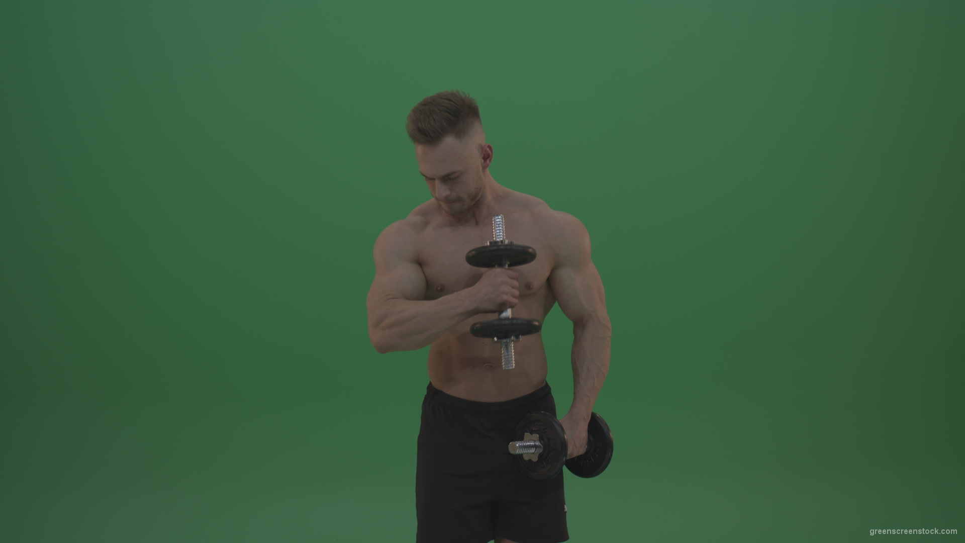 Young_Bodybuilder_Working_Out_With_Two_Handed_Dumbbell_Biceps_Exercises_On_Green_Screen_Wall_Background_002 Green Screen Stock