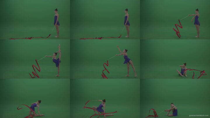 Young_Brunette_Gymnast_Wearing_Blue_Sparkling_Costume_Performing_Some_Acro_Dance_Moves_And_Positions_Using_Ribbon_On_Green_Screen_Chroma_Key_Wall_Background Green Screen Stock