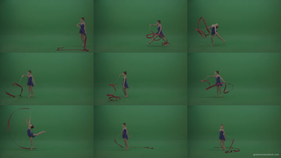 Young_Female_Acrobat_Gymnast_Performing_Acro_Dance_Using_Red_Long_Ribbon_On_Green_Screen_Wall_Chroma_Key_Background Green Screen Stock