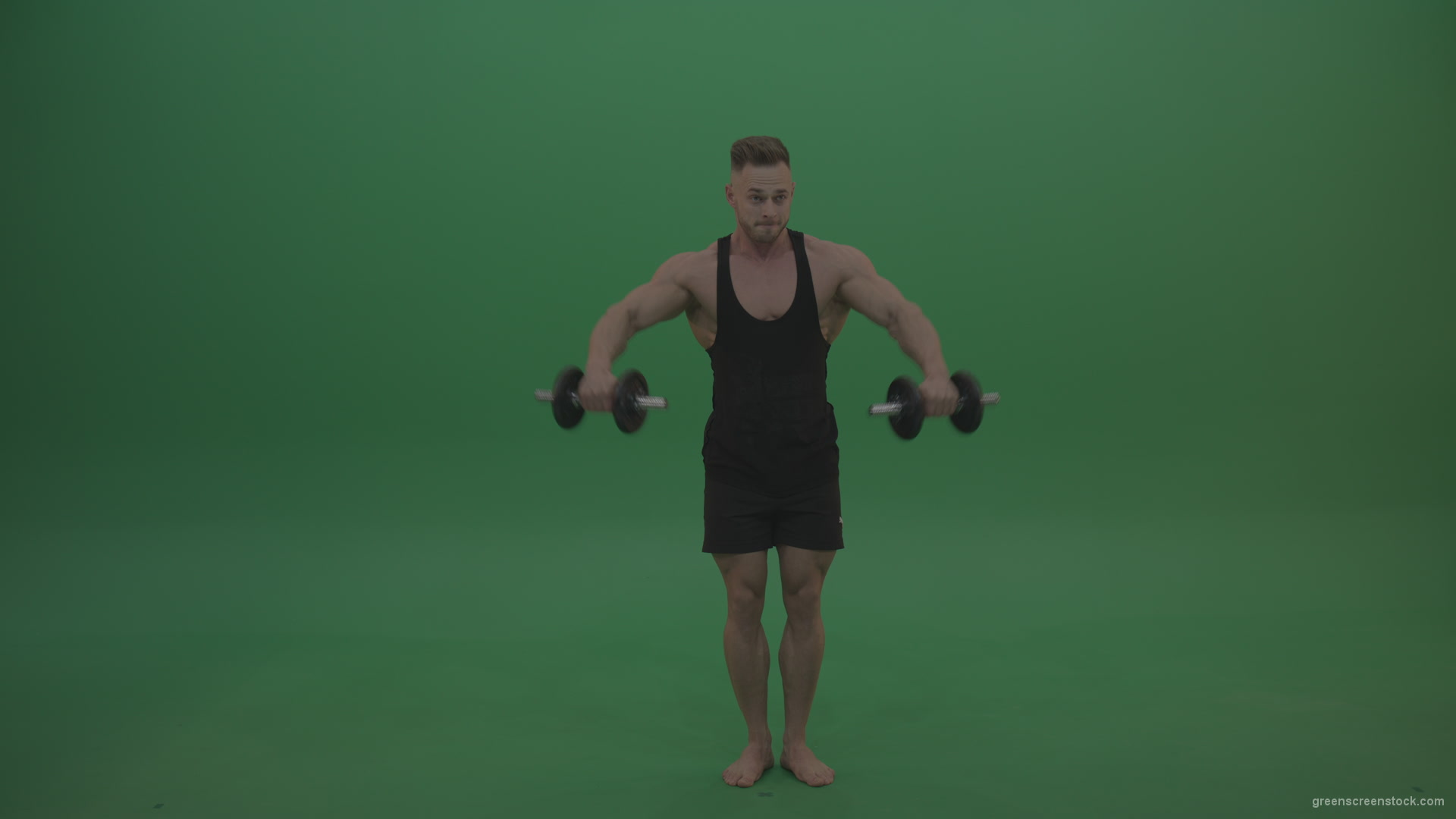 Young_Handsome_Athlete_Warming_Up_Pectoral_Muscles_Dumbbell_Pull_Ups_Workout_On_Green_Screen_Chroma_Key_Wall_Background_005 Green Screen Stock