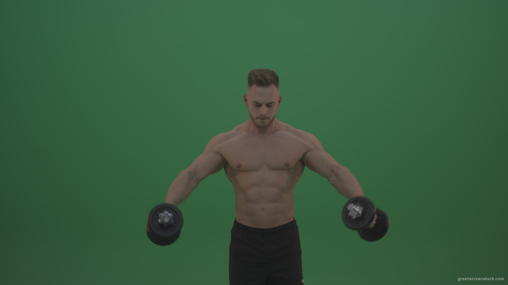 Young_Sportsman_Doing_Workout_Two_Handed_Excercise_For_Pectoral_Muscles_Pushing_Up_Dembbells_On_Green_Screen_Chroma_Key_Wall_Background_002 Green Screen Stock