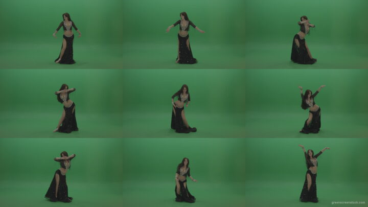 Admirable-belly-dancer-in-black-wear-display-amazing-dance-moves-over-chromakey-background Green Screen Stock