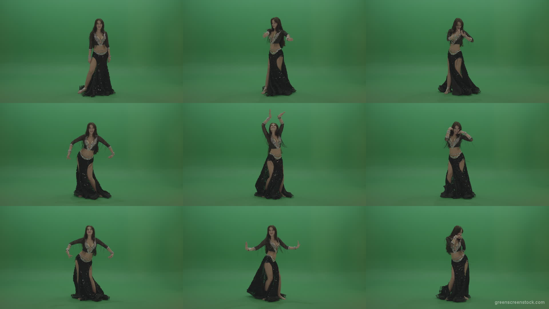 Adorable-belly-dancer-in-black-wear-display-amazing-dance-moves-over-chromakey-background Green Screen Stock