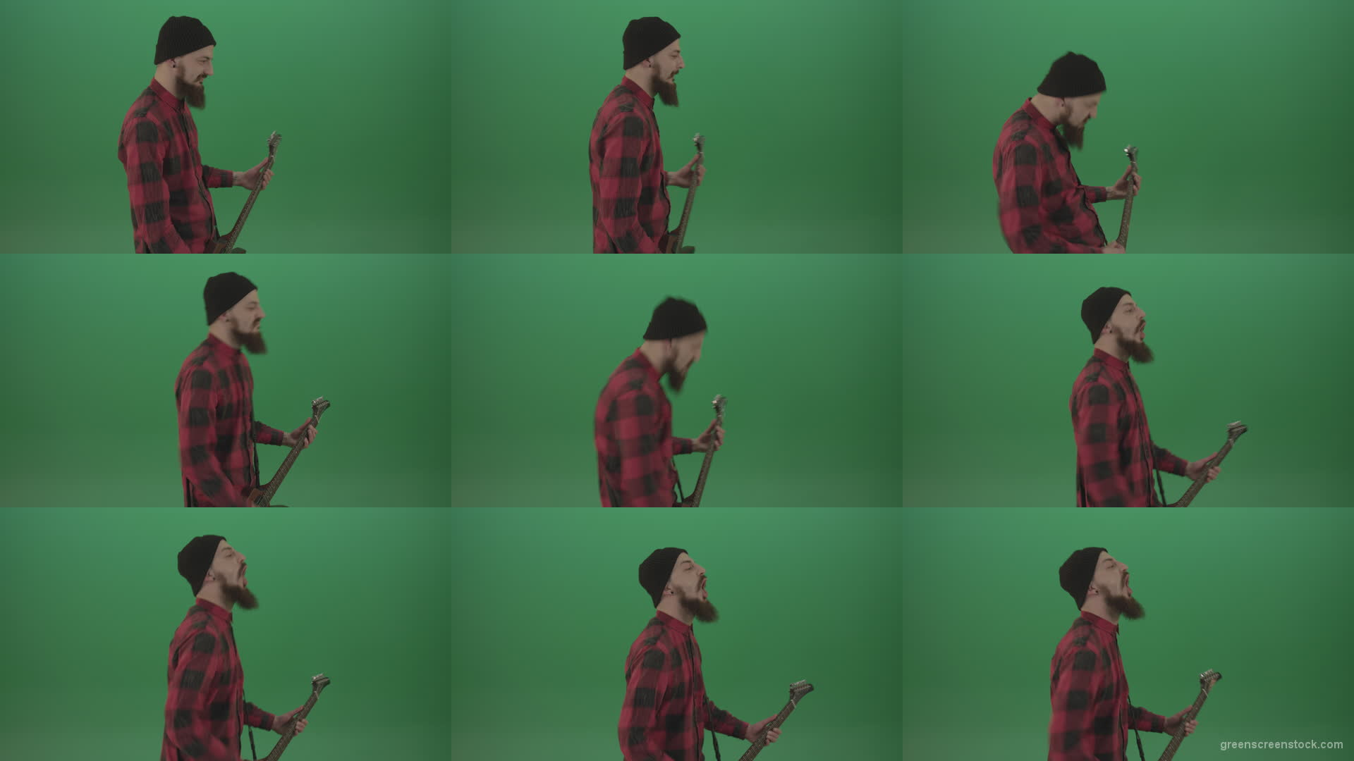 Angry-punk-rock-man-guitarist-play-guitar-and-scream-death-hardcore-music-isolated-on-green-screen Green Screen Stock