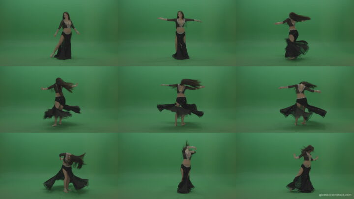 Appealing-belly-dancer-in-black-wear-display-amazing-dance-moves-over-chromakey-background Green Screen Stock