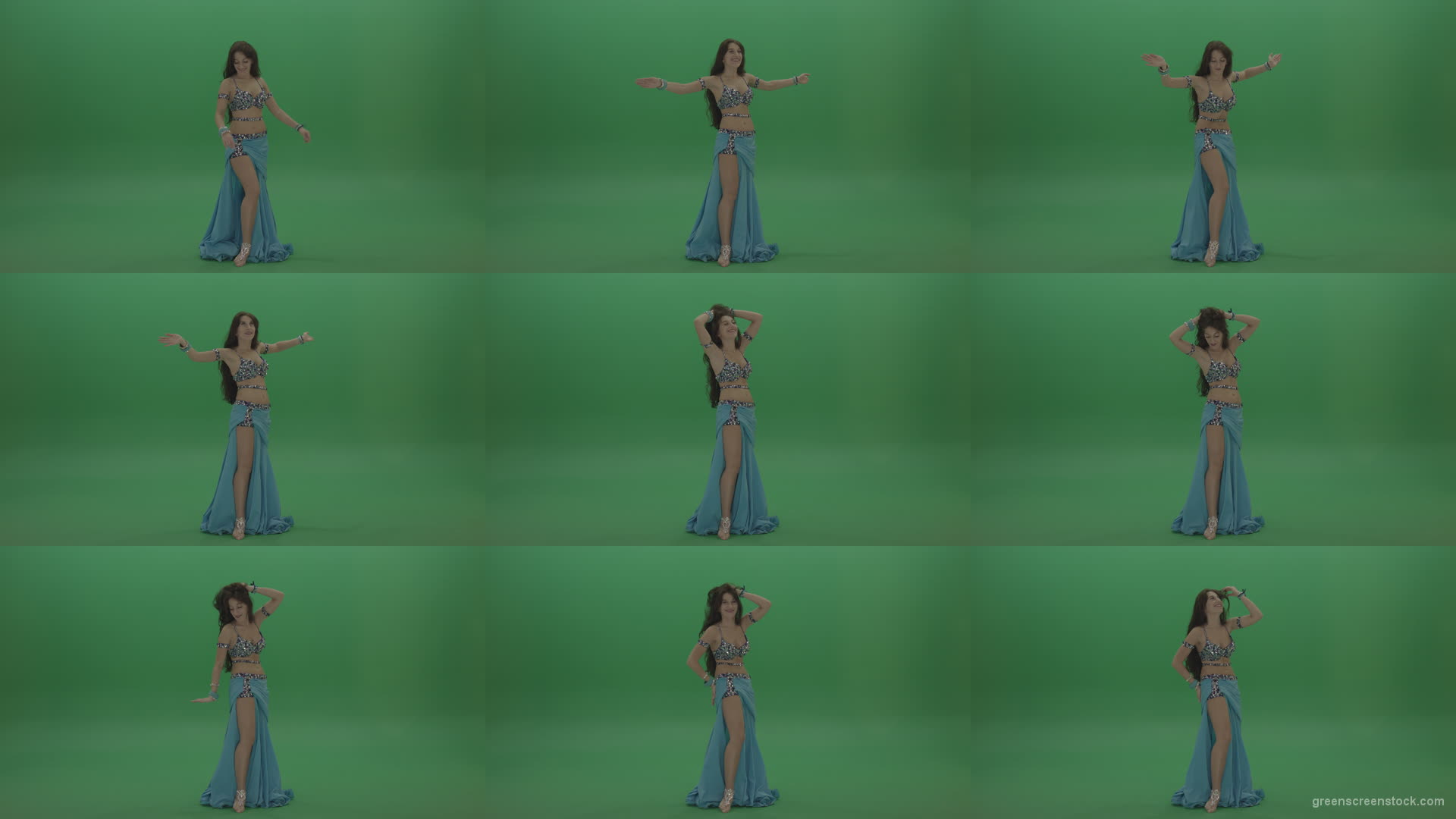 Awesome-belly-dancer-in-blue-wear-display-amazing-dance-moves-over-chromakey-background Green Screen Stock