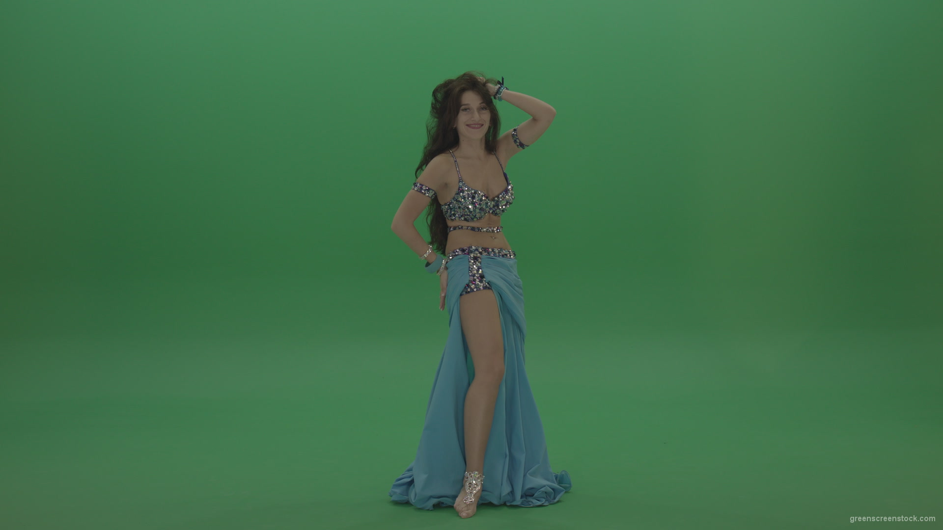 Awesome-belly-dancer-in-blue-wear-display-amazing-dance-moves-over-chromakey-background_008 Green Screen Stock