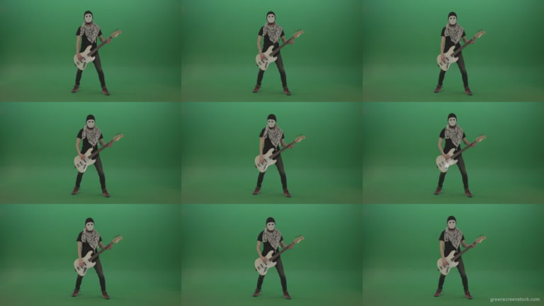 Bass-guitaris-in-full-size-play-white-guitar-in-white-mask-on-chromakey-green-screen Green Screen Stock