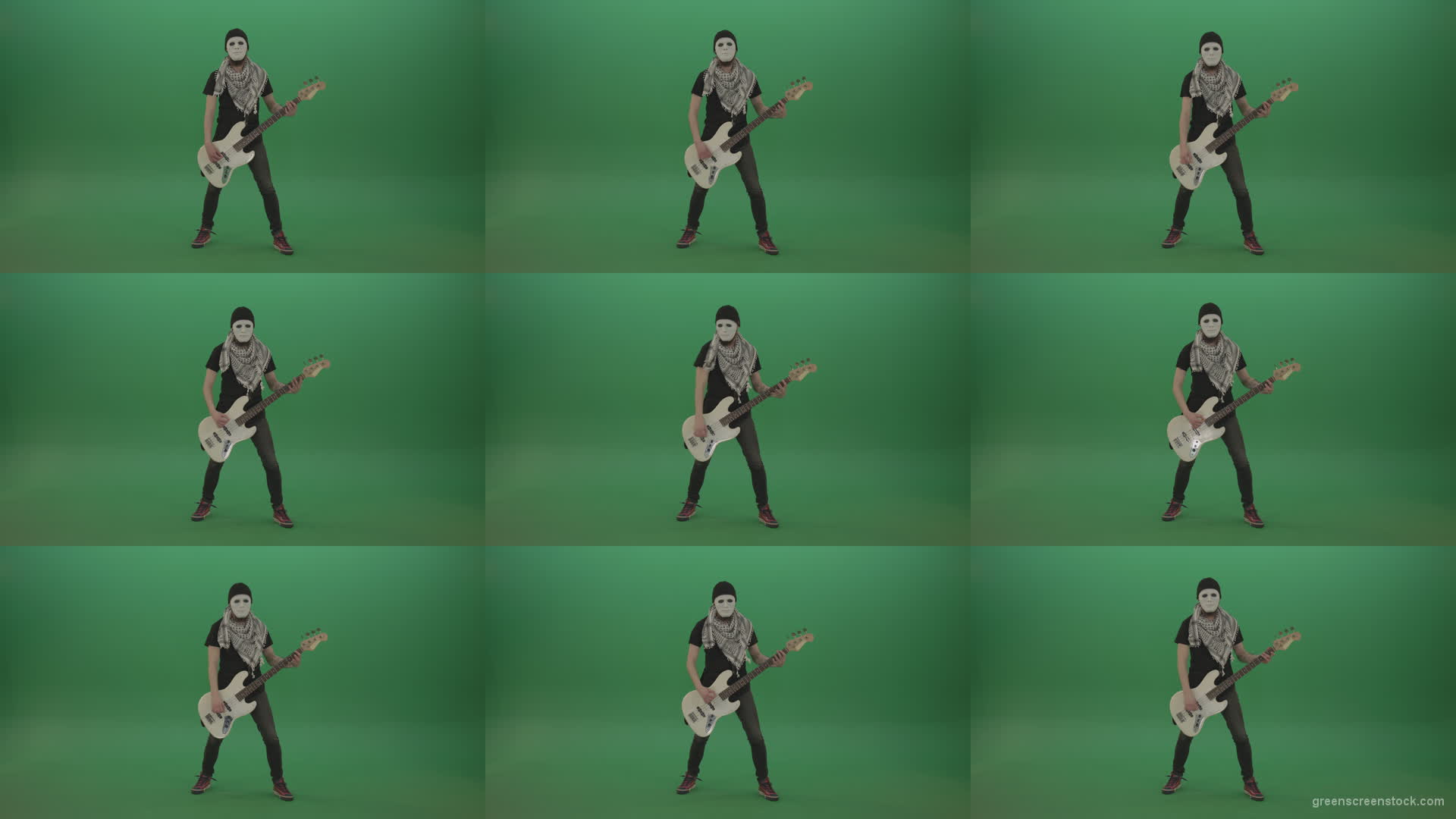 Bass-guitaris-in-full-size-play-white-guitar-in-white-mask-on-chromakey-green-screen Green Screen Stock