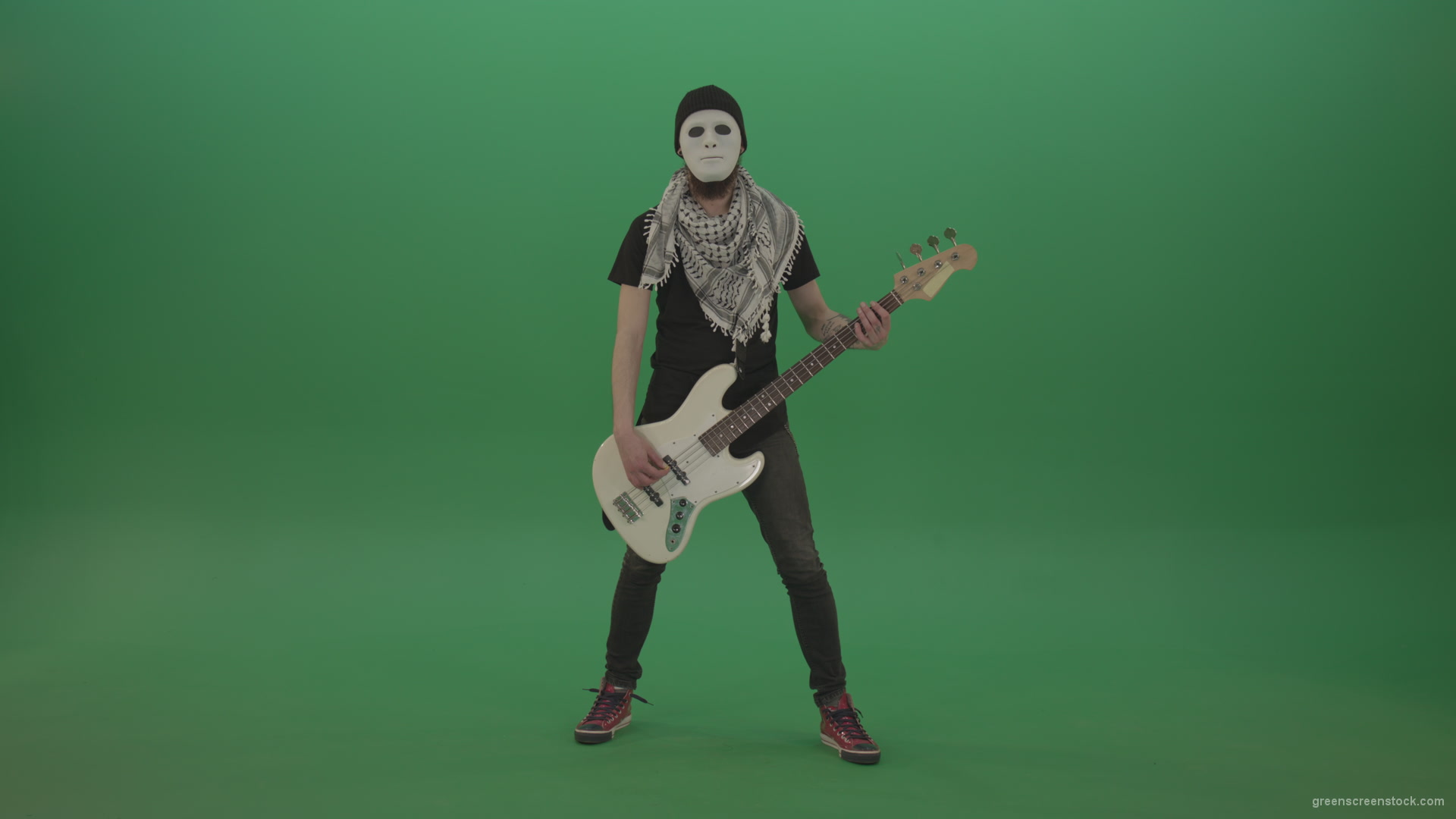 Bass-guitaris-in-full-size-play-white-guitar-in-white-mask-on-chromakey-green-screen_001 Green Screen Stock