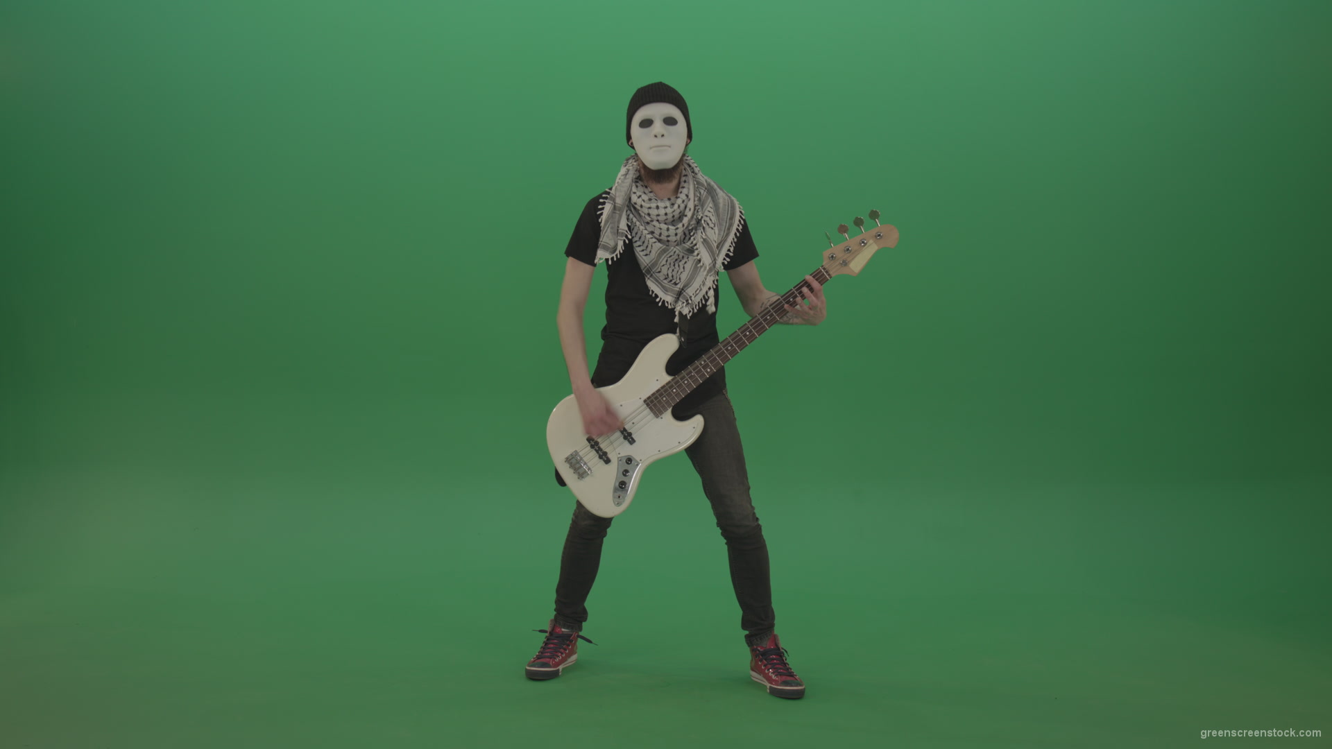 Bass-guitaris-in-full-size-play-white-guitar-in-white-mask-on-chromakey-green-screen_002 Green Screen Stock