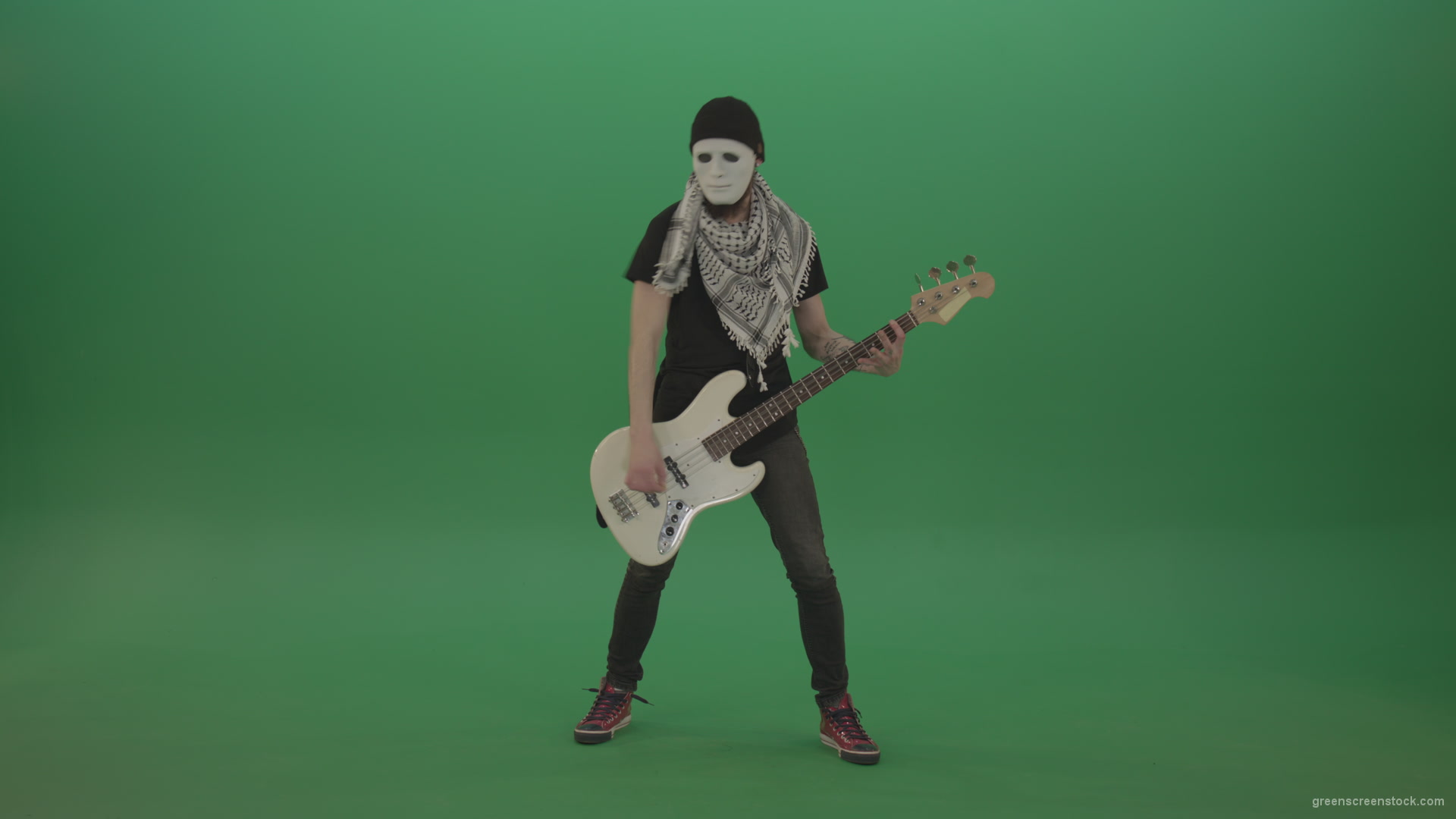 Bass-guitaris-in-full-size-play-white-guitar-in-white-mask-on-chromakey-green-screen_005 Green Screen Stock