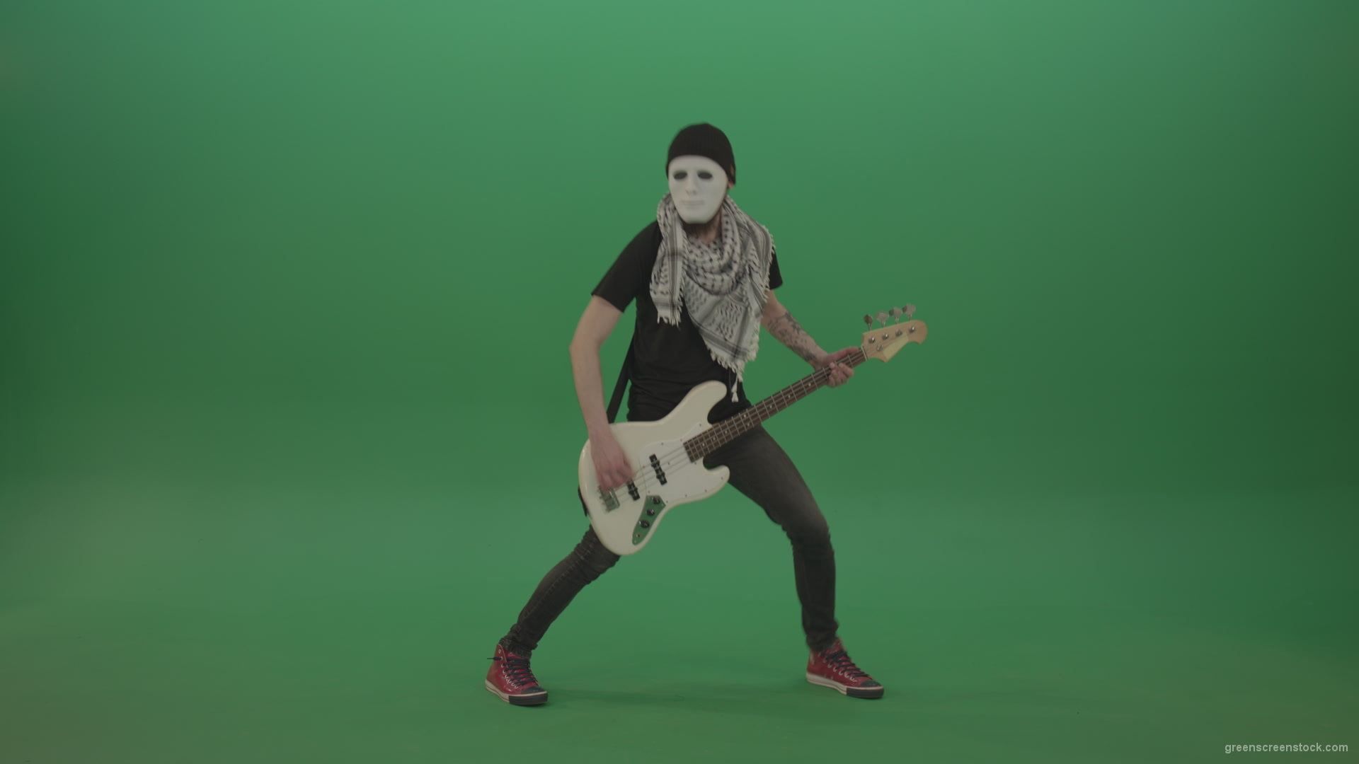 Bass-man-in-white-mask-play-guitar-on-green-screen_001 Green Screen Stock